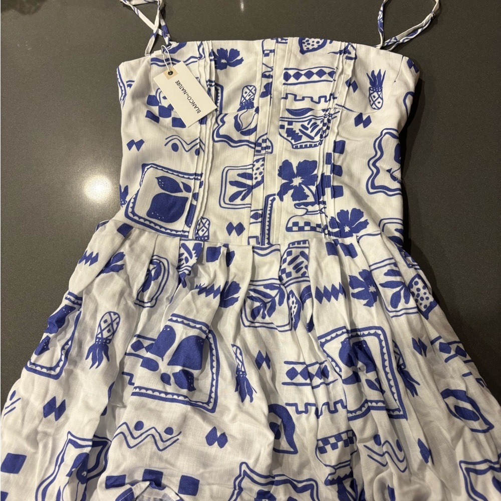 Elegant Blue and White Patterned Mini Dress